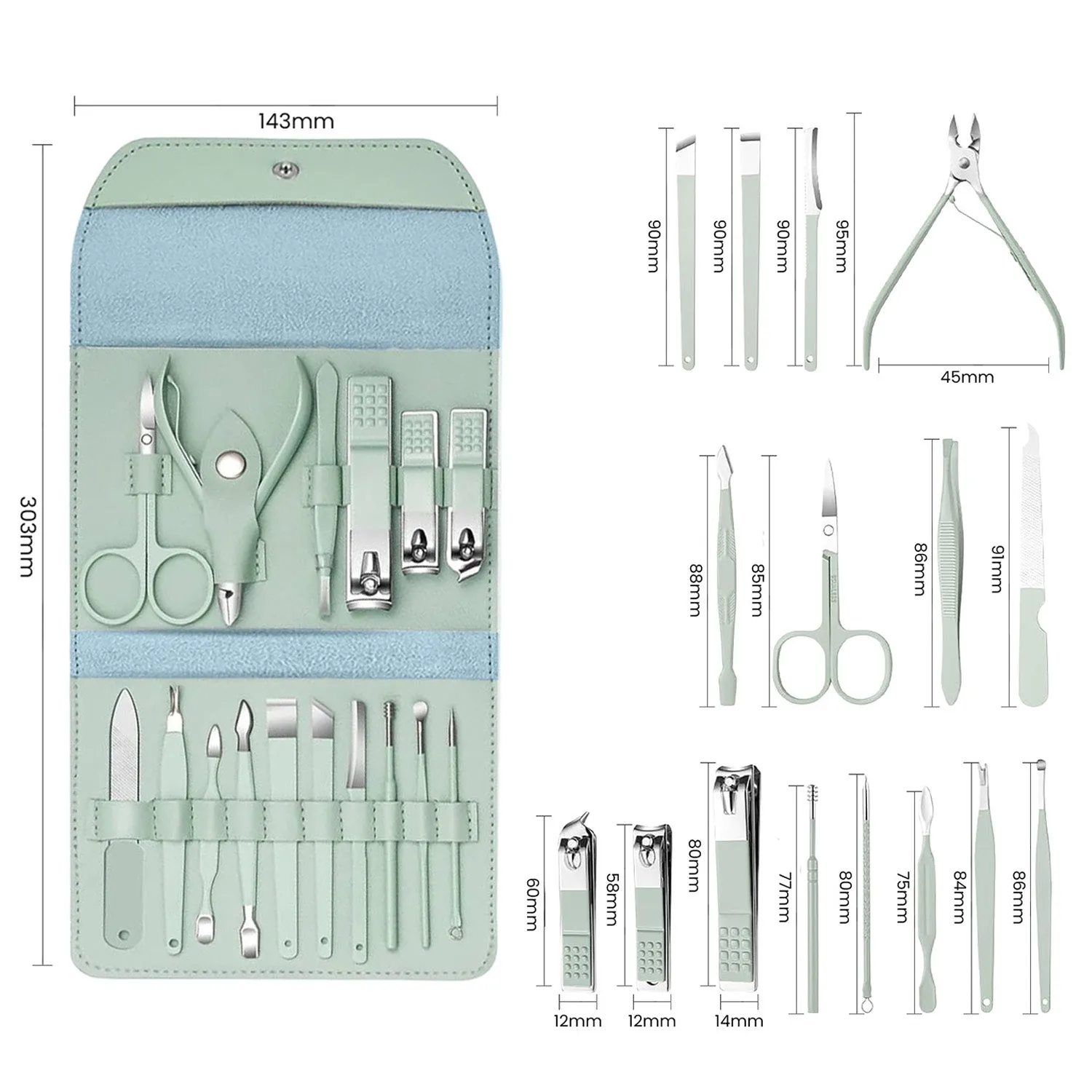 16-Piece: Stainless Steel Professional Manicure Pedicure Facial Set Grooming Kit with Leather Case