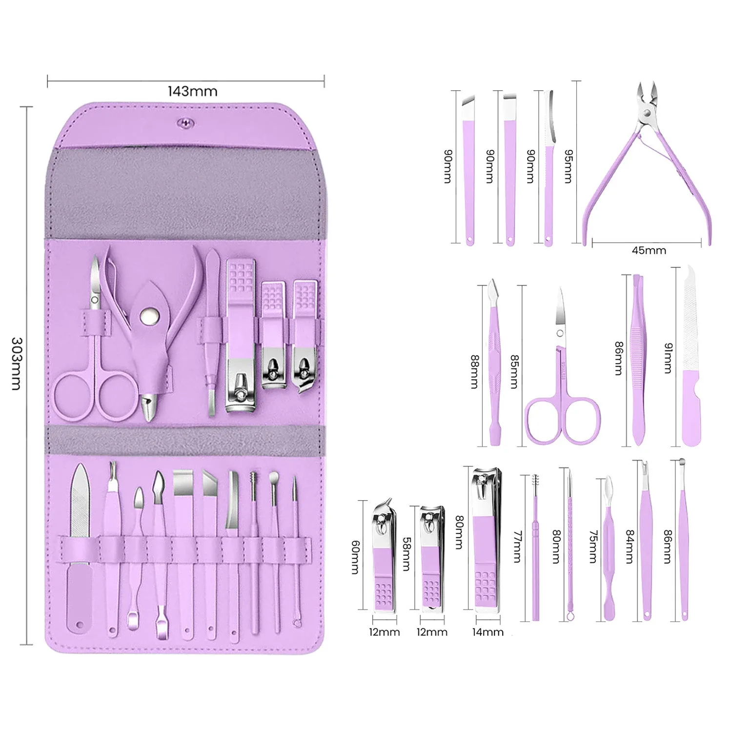 16-Piece: Stainless Steel Professional Manicure Pedicure Facial Set Grooming Kit with Leather Case