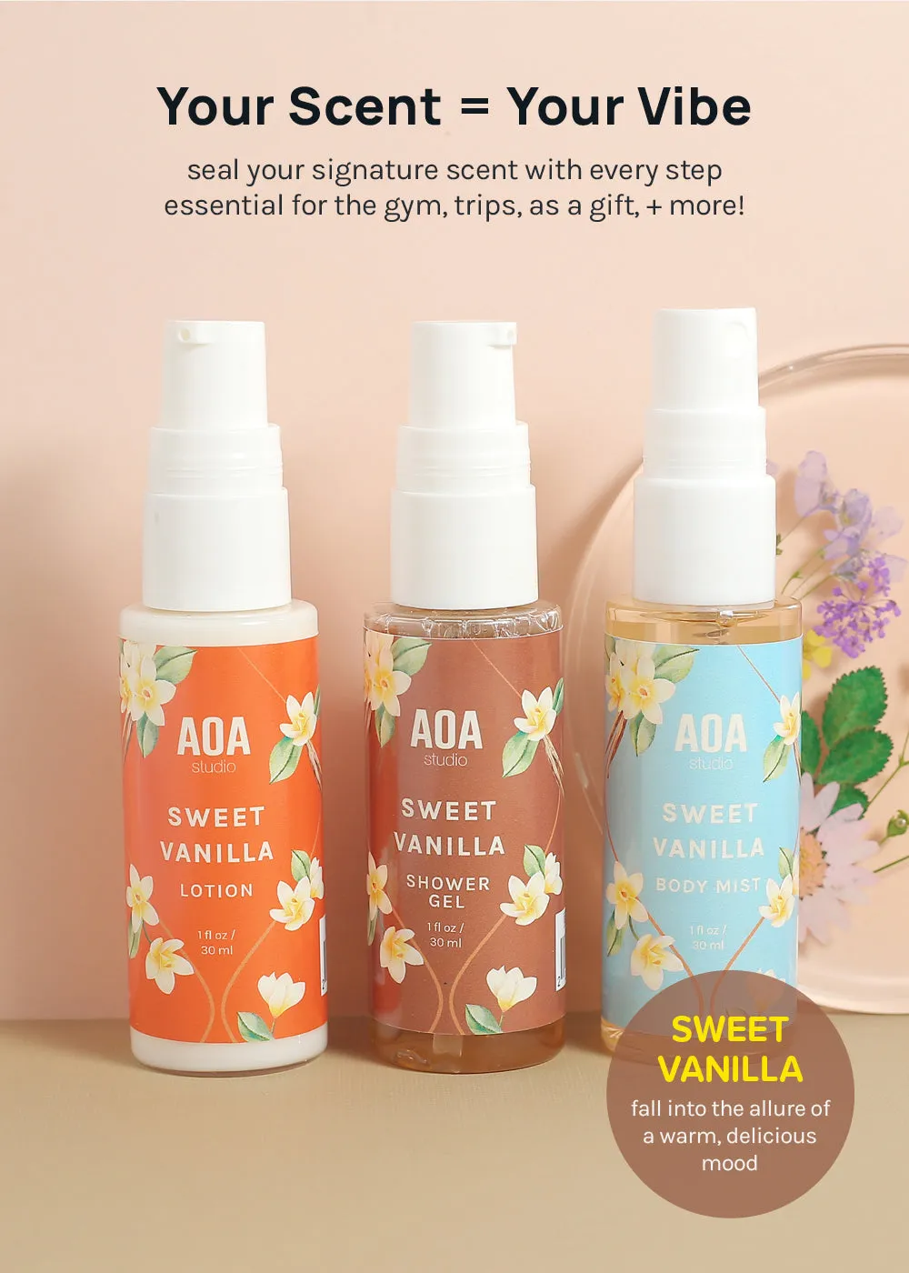 AOA Lotion, Shower Gel & Body Mist - Sweet Vanilla