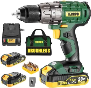 TECCPO Cordless Drill Set, 20V Brushless Drill Driver Kit, 2x 2.0Ah Li-ion Batteries, 530 In-lbs Torque, 1/2”Keyless Chuck, 2-Variable Speed, Fast Charger, 33pcs Bits Accessories with Case - BHD300B